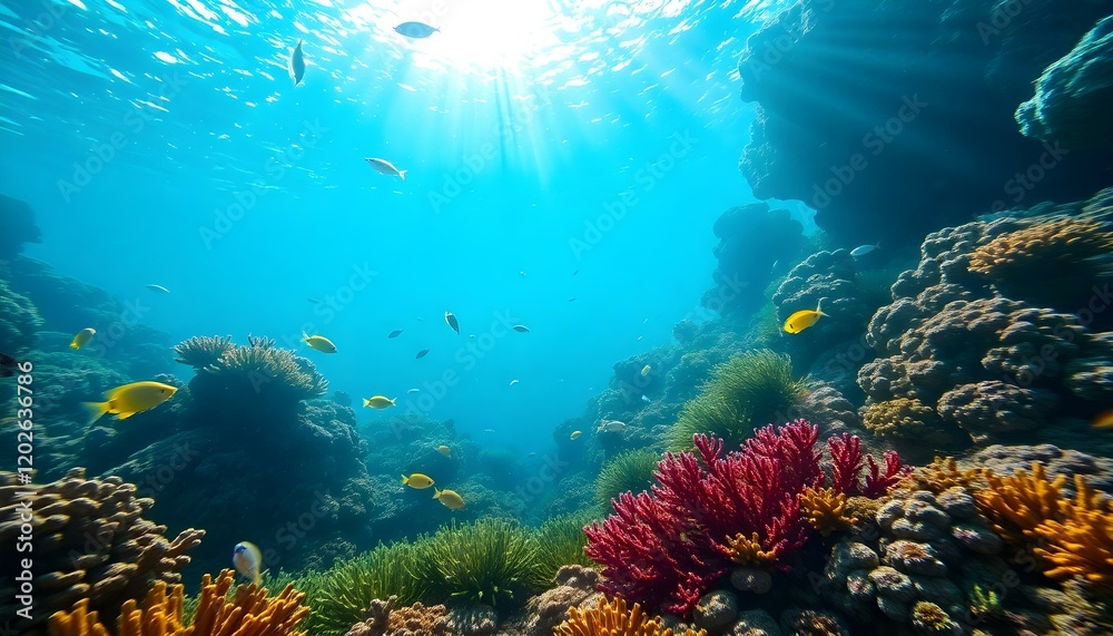 Fototapeta premium Vibrant Underwater Coral Reef Scene Tropical Fish Sea Sun Red Life 