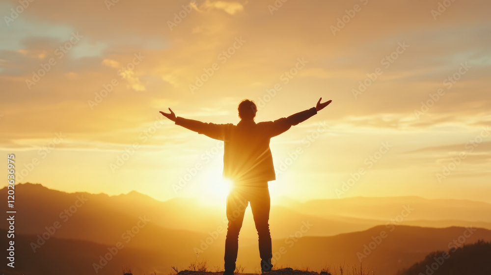 Fototapeta premium Empower your journey with vibrant sunrise vistas, embracing new horizons and opportunities in a breathtaking mountain landscape view.