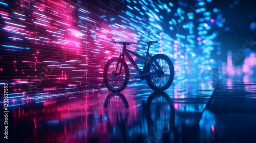 A glowing wireframe bicycle silhouette in front of a digital American flag, cyberpunk style, neon grid background, intense blue and red lights photo