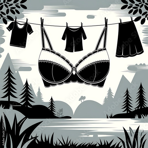 Eco-Friendly Abstract Bra Illustration on Clothing Line with Lush Nature Scenery in Rural Lakeside Forest – Playful and Elegant Fashion Design