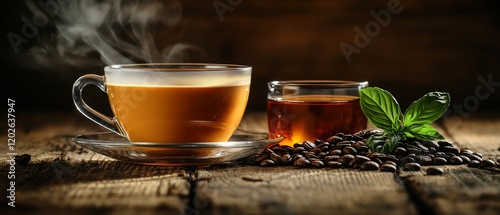 Hot Coffee and Tea on Rustic Wooden Table photo