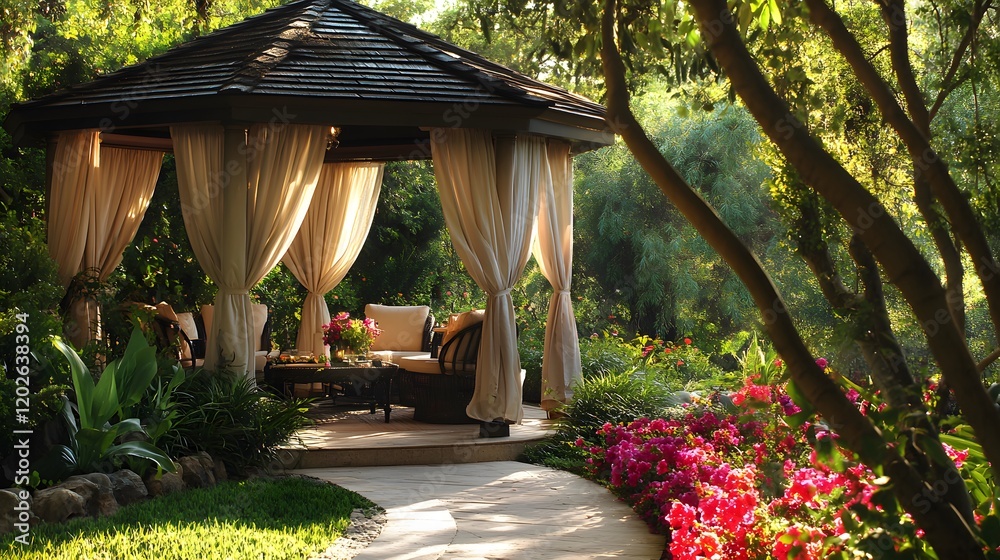 Obraz premium Serene Garden Gazebo With Lush Greenery And Flowers