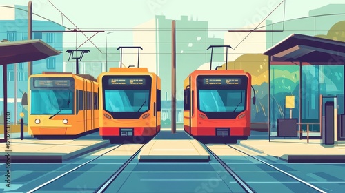 Public transportation systems flat design front view urban transit network cartoon drawing split photo