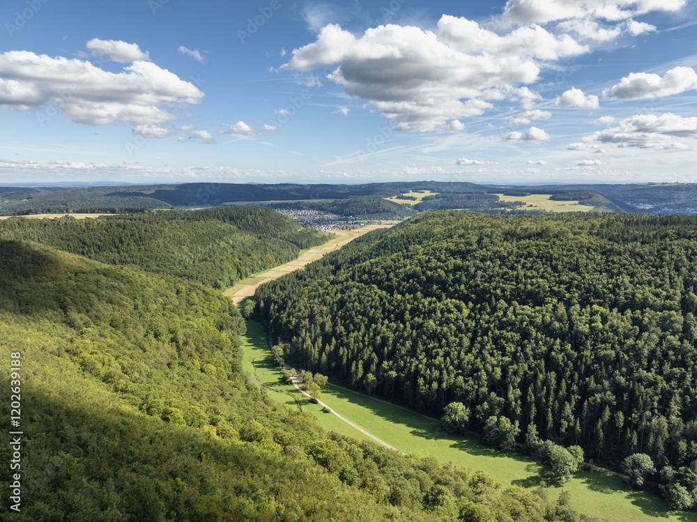 Obraz premium Aerial view of the Ursental valley seen from the north, a side valley to the Danube, on the horizon the village of Nendingen, Danube valley, district of Tuttlingen, Baden-Württemberg, Germany, Europe