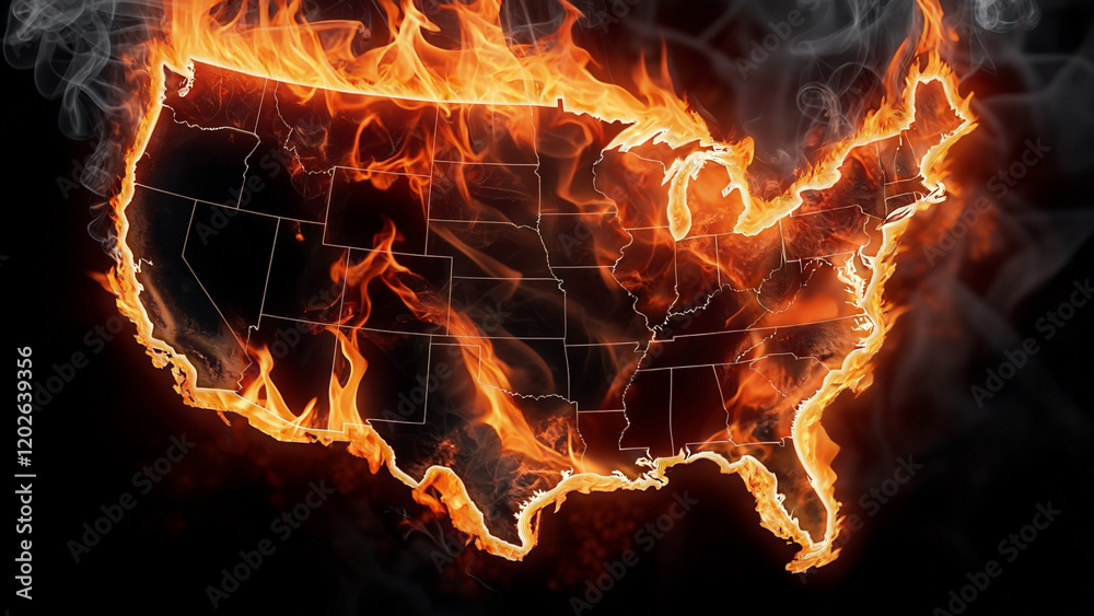 Fototapeta premium A striking image of the American flag engulfed in flames, symbolizing destruction, political turmoil, or societal unrest. The burning flag conveys themes of dissent, change, and the fragility of natio