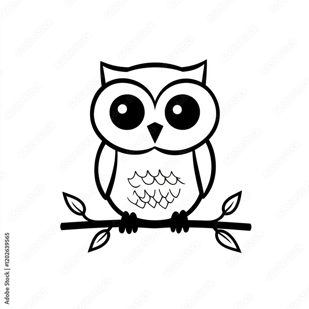 Fototapeta premium Cute cartoon owl perched on branch, white background, children's book illustration (2)