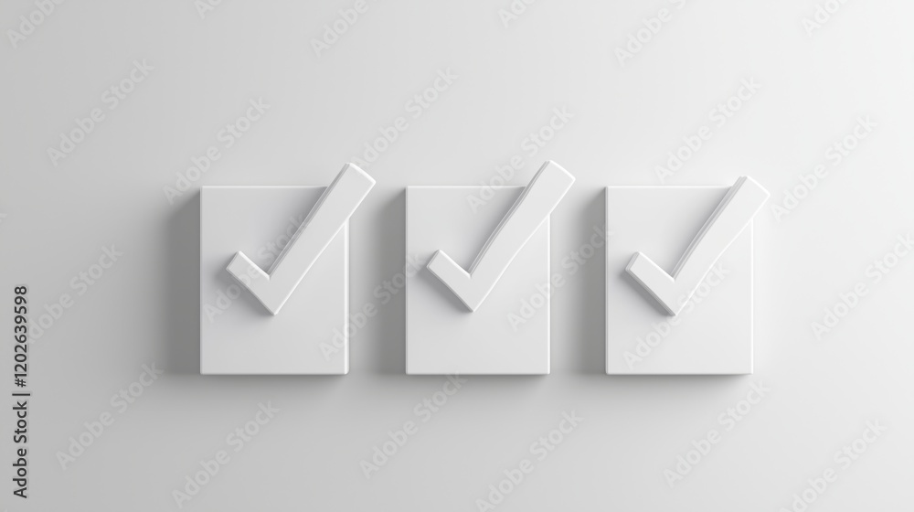 Three white check marks symbolizing accomplishment and task completion on a light background, 3d illustration. Three white check marks symbolizing accomplishment and task completion on a light background, 3d illustration.