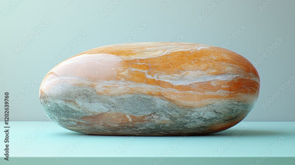 A smooth, oval-shaped stone with orange and gray patterns resting on a light blue surface. A smooth, oval-shaped stone with orange and gray patterns resting on a light blue surface.