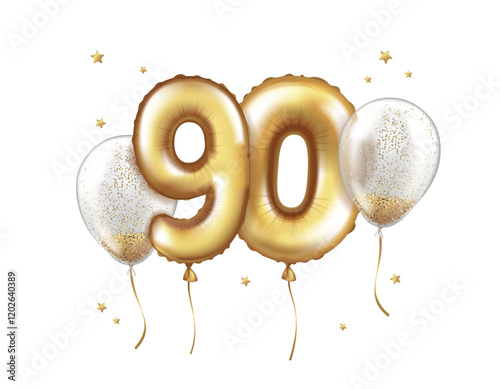 Latex helium balloons made of gold foil and transparent balloons with confetti. Number ninety. Anniversary Realistic vector illustration for birthday