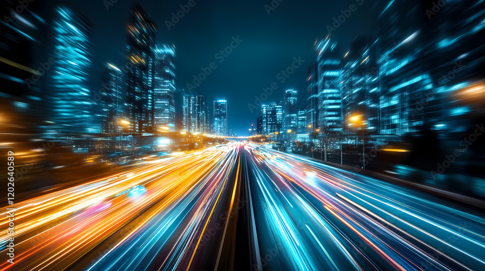 Futuristic cityscape with glowing lights and traffic. Dynamic City Motion. Illustration Futuristic cityscape with glowing lights and traffic. Dynamic City Motion. Illustration