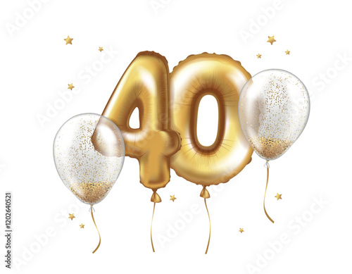 Latex helium balloons made of gold foil and transparent balloons with confetti. Number forty. Anniversary Realistic vector illustration for birthday