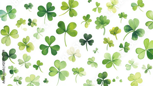 Hand Drawn Green Shamrocks in Watercolor Illustration Concept of St. Patrick's Day Luck and Nature. White background. Copy space
