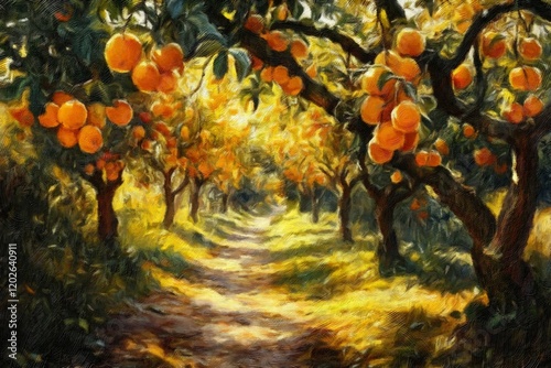 Autumn tree with apples, orange tree with fruits, autumn leaves in the garden, orange tree with fruits, oil paintings landscape