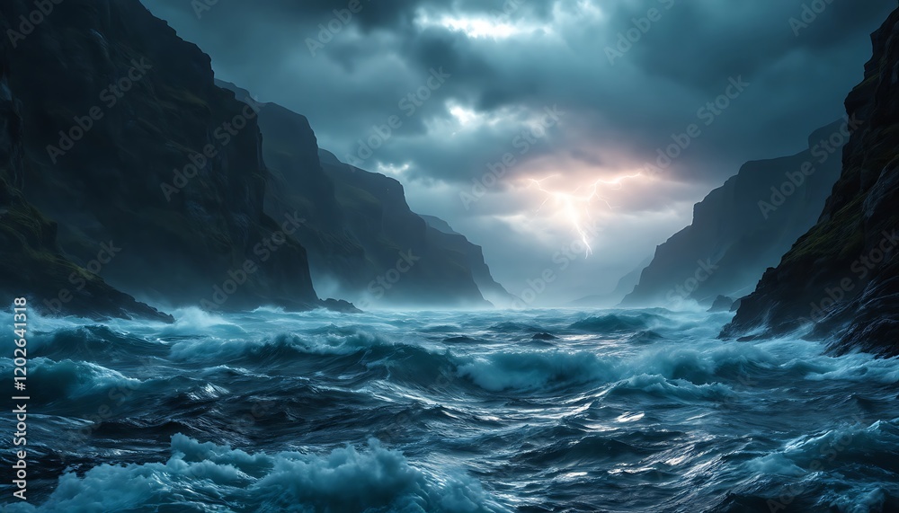 Fototapeta premium Dramatic Coastal Storm: Dark Cliffs, Turbulent Ocean, and a Lightning Bolt