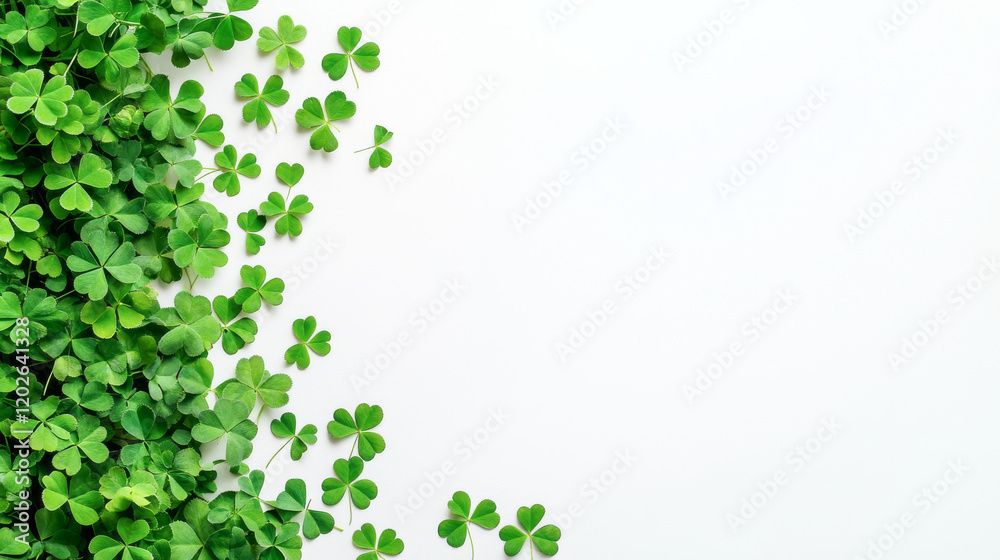 Vibrant Green Clover Leaves on White Background. Concept of St. Patrick's Day, luck, and Irish traditions. Festive nature-themed design with abundant clovers Vibrant Green Clover Leaves on White Background. Concept of St. Patrick's Day, luck, and Irish traditions. Festive nature-themed design with abundant clovers