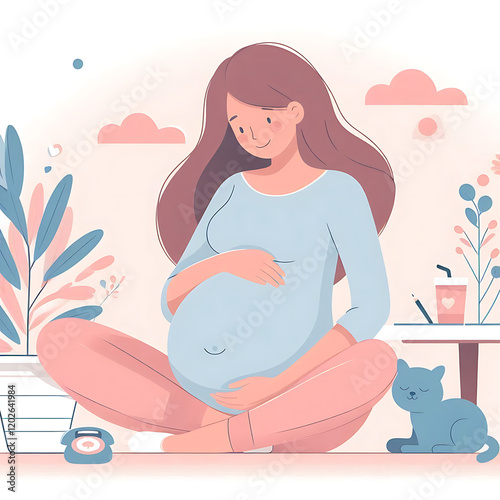 Pregnancy Illustration: Expecting Mother and Cat in Cozy Indoor Setting – Maternity, Relaxation, and Emotional Connection in Soft Color Vector Art