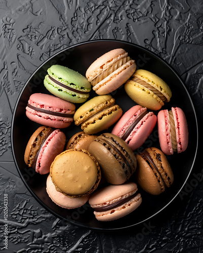 Colorful macarons on black plate