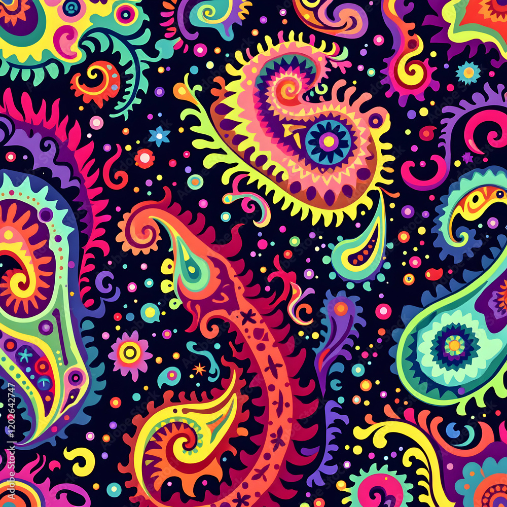 Vibrant and Colorful Paisley Design with Intricate Patterns and Spirals Vibrant and Colorful Paisley Design with Intricate Patterns and Spirals