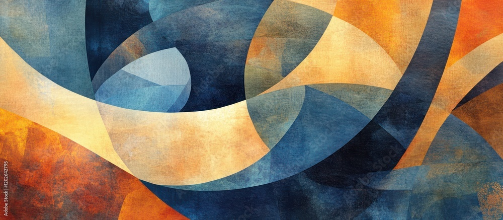 Fototapeta premium Abstract art with swirling blue, orange, and beige shapes.
