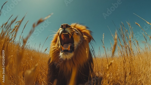 Lion roaring in tall grass, savanna landscape, wildlife photo