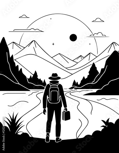 Hiking man with backpack and mountain landscape vector illustration graphic design.