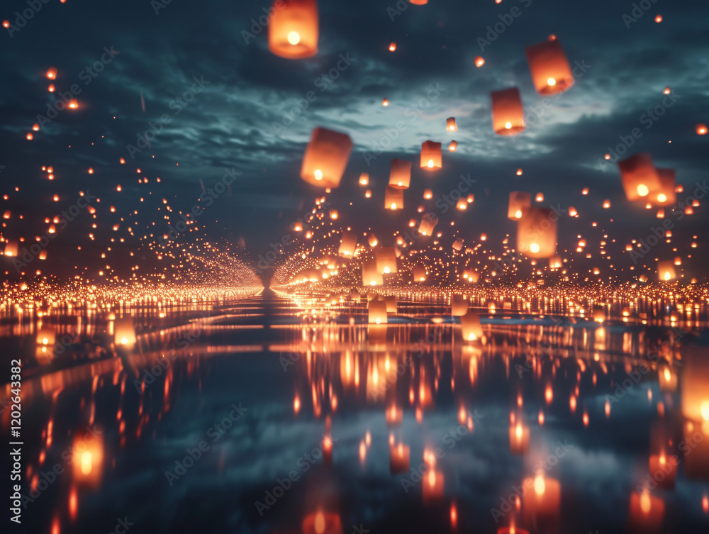 Fototapeta premium Hundreds of floating lanterns rising into the night sky, with long exposure capturing their glowing trails as they ascend.