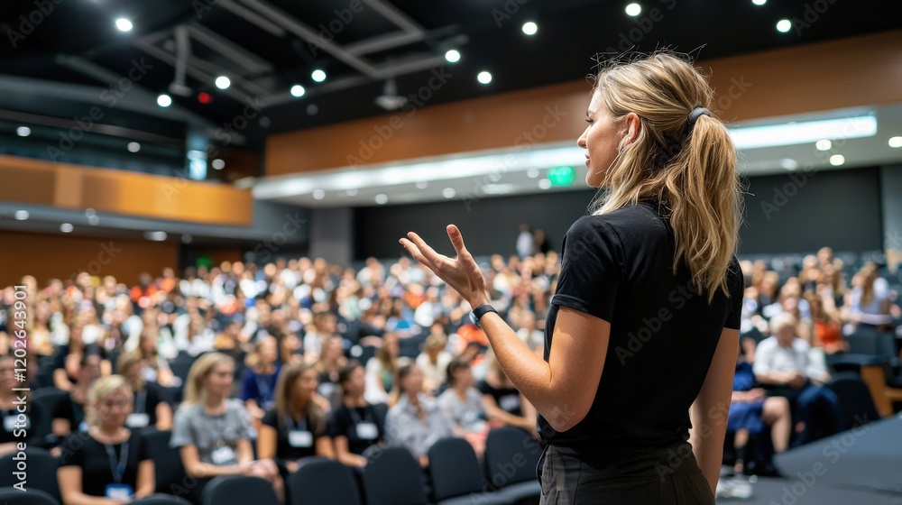 Fototapeta premium Rear view of a professional female speaker gesturing with her hand while delivering a keynote speech, with rows of seated attendees in the background