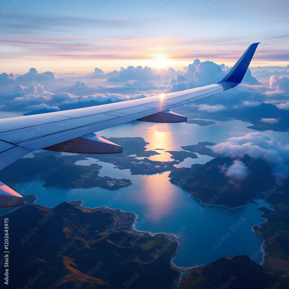 Obraz premium Breathtaking Aerial View of Sunlit Landscape with Wing of Airplane Capturing Serenity