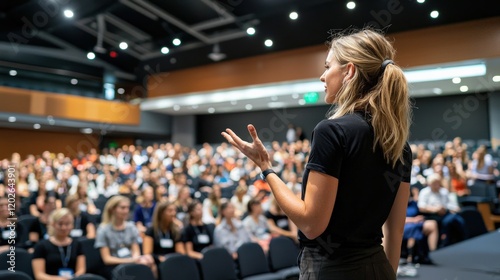 Rear view of a professional female speaker gesturing with her hand while delivering a keynote speech, with rows of seated attendees in the background
