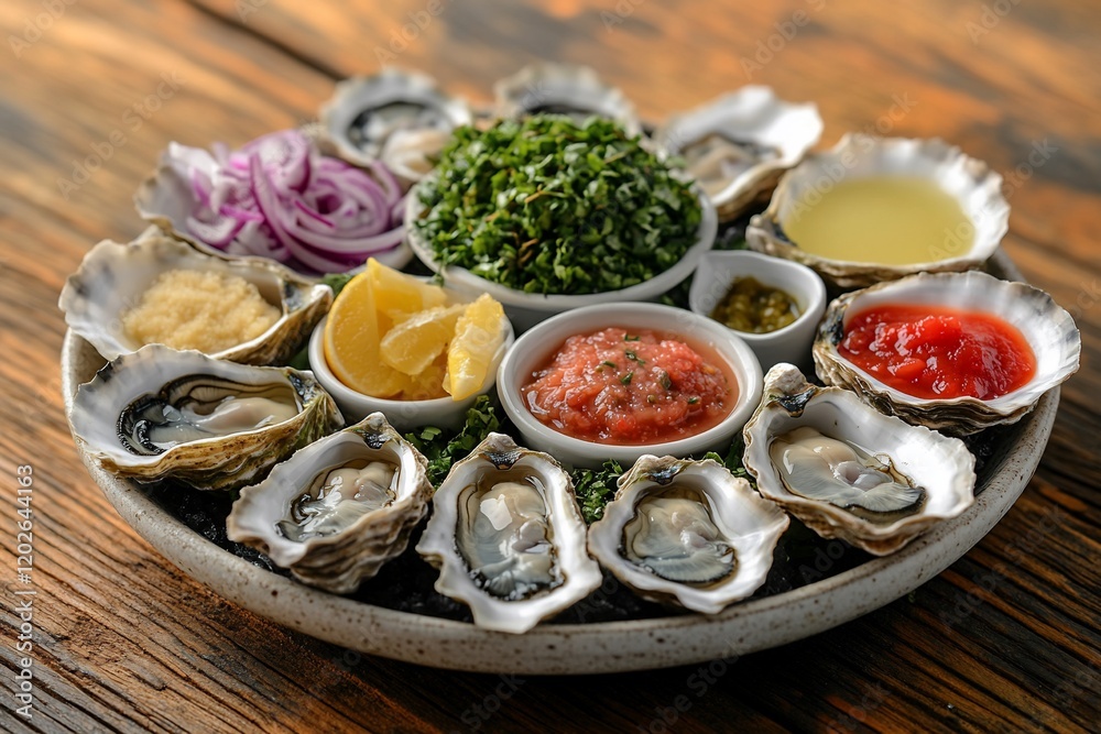 Oyster platter with various sauces and garnishes on wooden table Oyster platter with various sauces and garnishes on wooden table