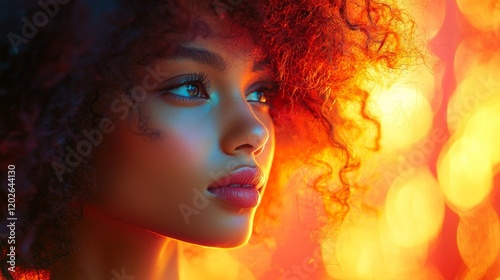 Stylish woman with curly hair in dramatic warm lighting