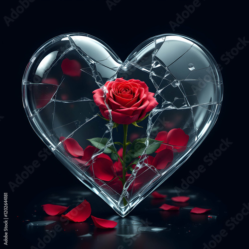 A Stunning Heart-Shaped Glass Sculpture with a Beautiful Rose Surrounded by Petals