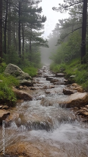 Misty forest creek flowing through rocks.  Possible use for nature photography photo