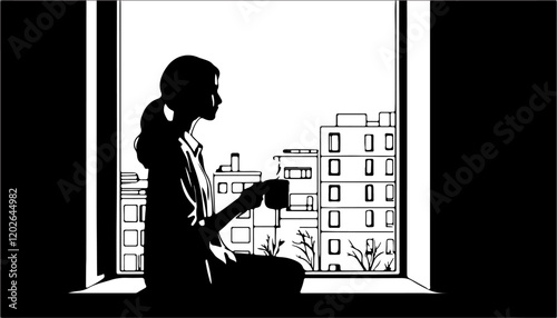 Silhouette of a woman sitting at the window and drinking coffee