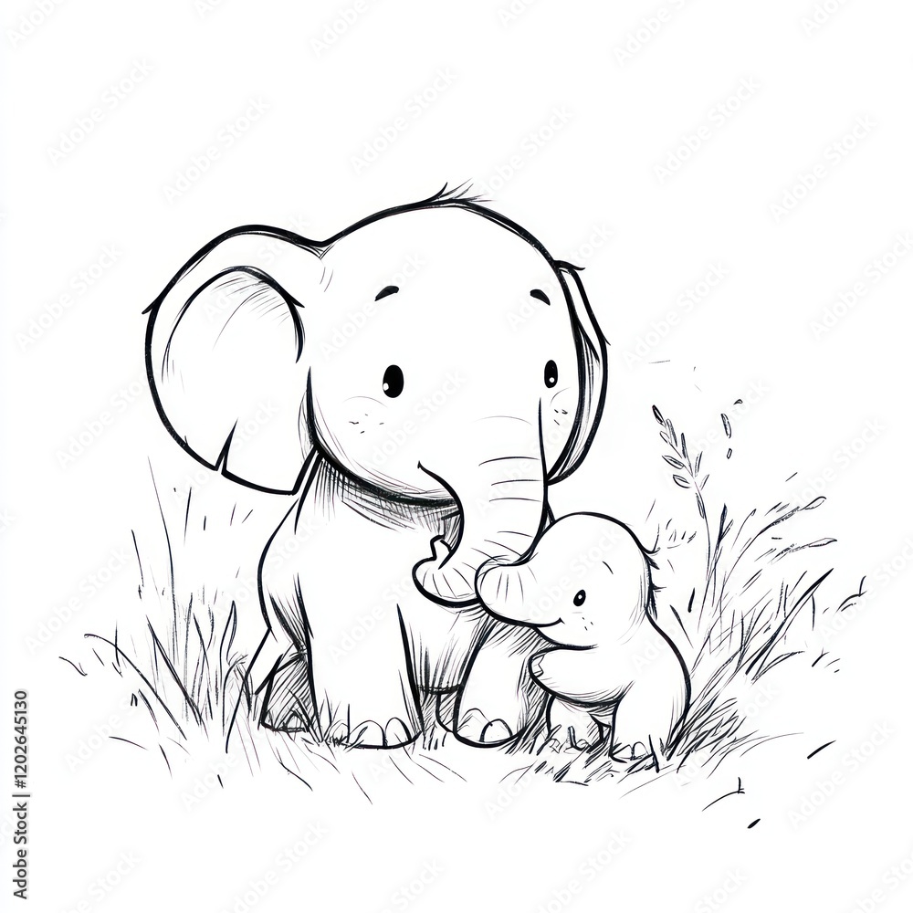 Elephant mother and baby sitting together in grass, simple illustration, for education Elephant mother and baby sitting together in grass, simple illustration, for education