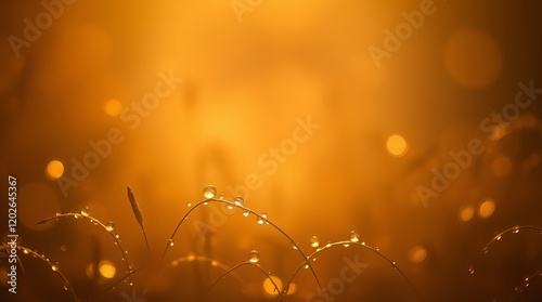 Close-up of dew-covered grass in golden light, creating a serene and tranquil atmosphere.