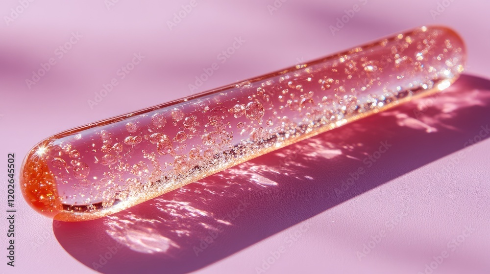 A transparent tube filled with bubbles, resting on a pink surface, possibly for scientific use. A transparent tube filled with bubbles, resting on a pink surface, possibly for scientific use.