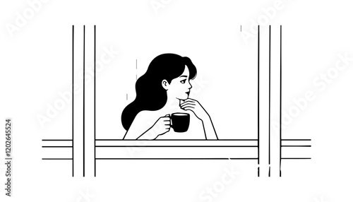 Vector illustration of a woman drinking coffee from a cup in a window.