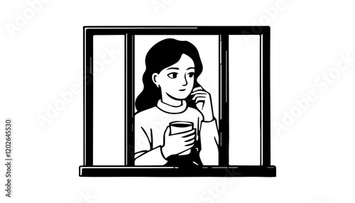 Illustration of a woman drinking coffee viewed from the window set inside a prison cell looking to the side done in retro style.