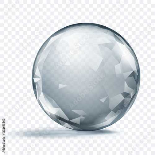 A gray translucent crystal sphere with faceted surface, with glares and soft shadow, on transparent background. Vector illustration for design projects and creative works.
