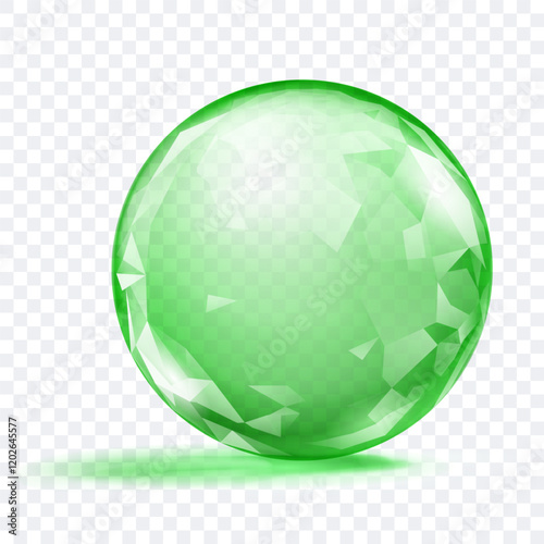 A green translucent crystal sphere with faceted surface, with glares and soft shadow, on transparent background. Vector illustration for design projects and creative works.
