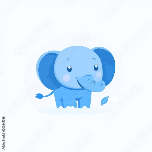 Blue cartoon elephant standing, leaf falling, on white background for kids' design