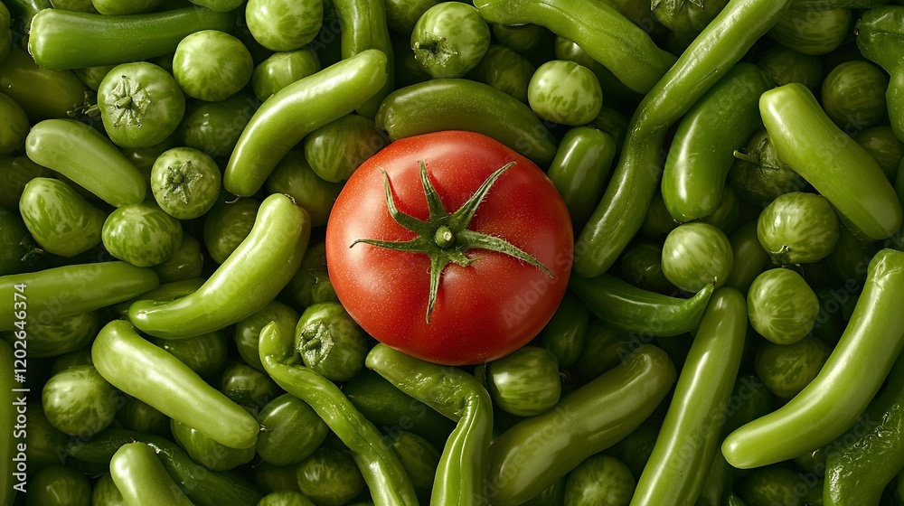 Green beans surrounding green tomatoes with a single red tomato on top Green beans surrounding green tomatoes with a single red tomato on top