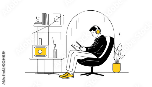 Vector illustration of a man sitting in an armchair and listening to music.