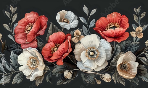 Wallpaper Mural Beautiful red and white poppies arrangement on dark background, floral composition with leaves and buds perfect for wall art, textile design and home decor projects. Torontodigital.ca