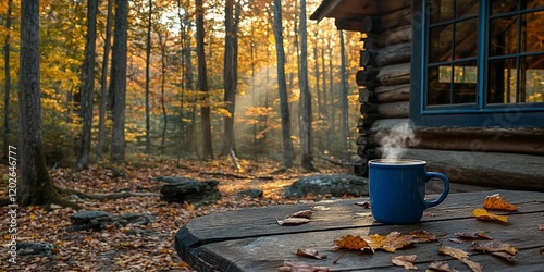 Morning coffee at autumn cabin photo