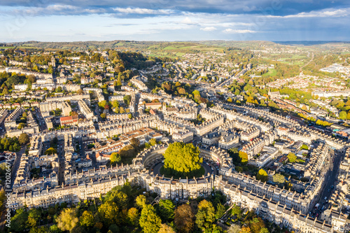 Fototapeta Naklejka Na Ścianę i Meble -  Bath, United Kingdom - October 15 2020: Aerial cityscape view of Bath City, England, United Kingdom