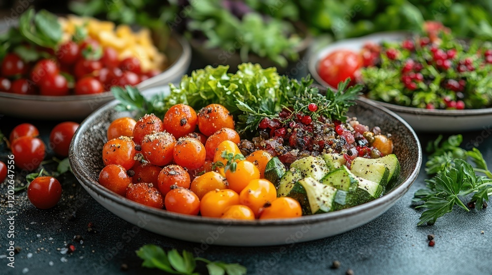 Fresh vegan salad bowl with cherry tomatoes and herbs Fresh vegan salad bowl with cherry tomatoes and herbs