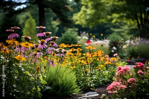 Vibrant summer garden featuring purple coneflowers and yellow black-eyed susans in full bloom, with soft bokeh background perfect for nature photography, landscaping, and garden design inspiration.