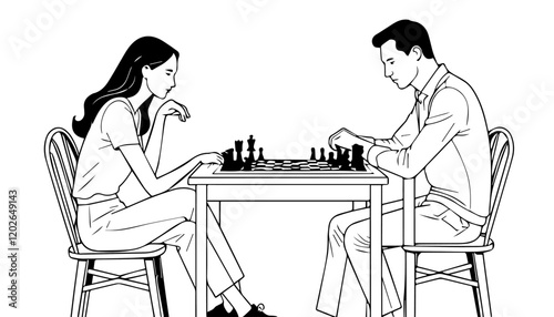Businessmen playing chess. Colleagues in business suits sitting at the table and playing chess. Vector illustration.